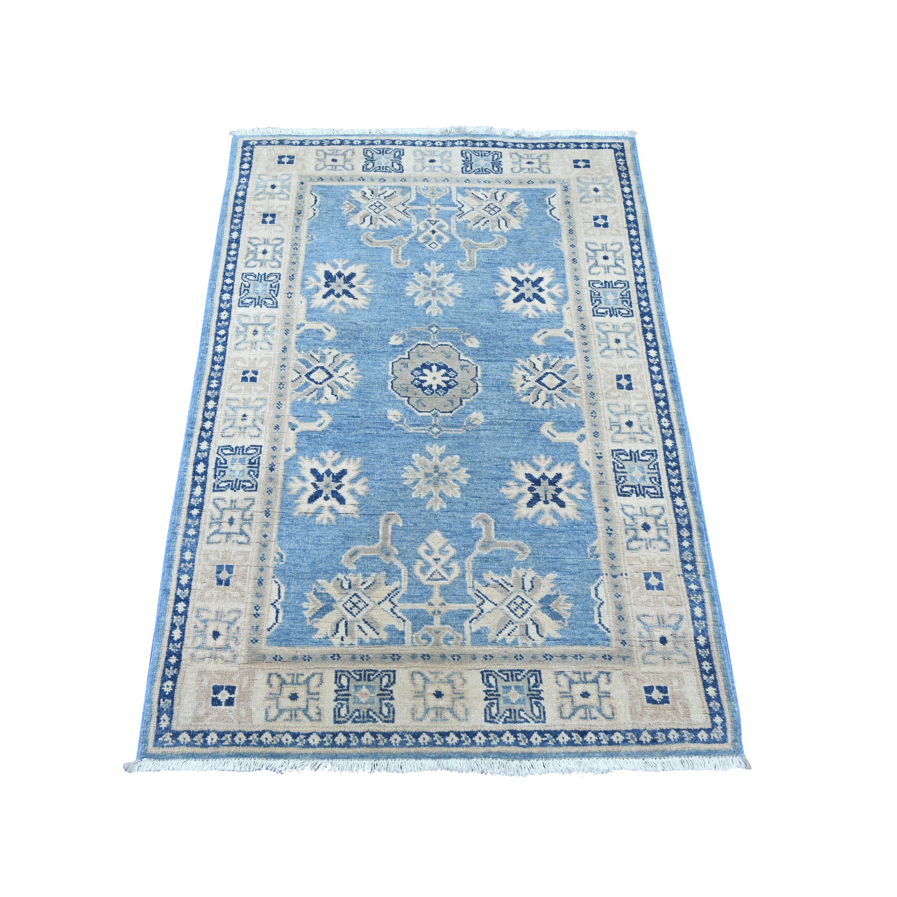 3'3"x4'8" Maya Blue, Vintage Look Kazak with Tribal Medallions, Hand Knotted, 100% Wool, Natural Dyes, Oriental Rug 